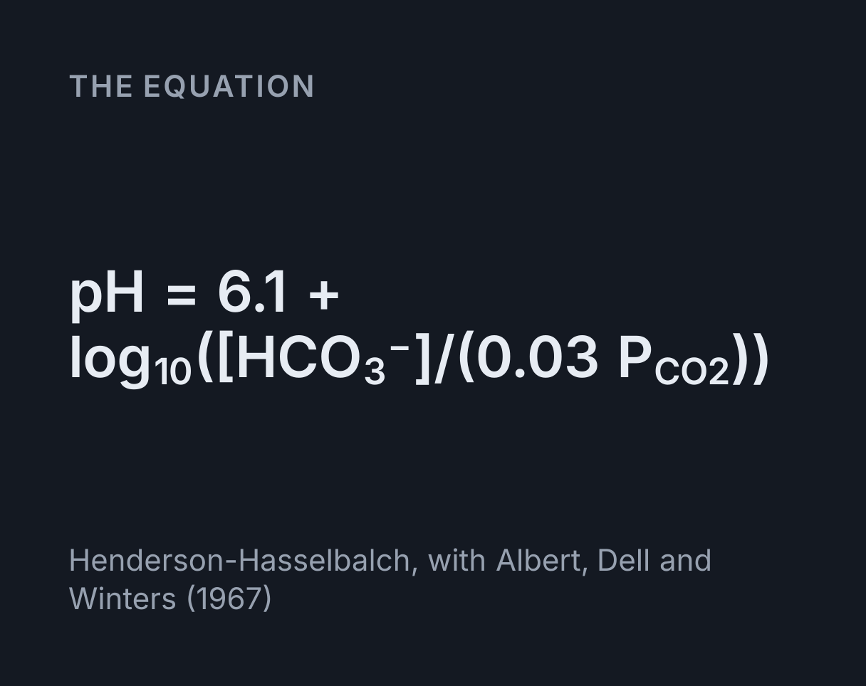 Acid Base Interpreter: the equation pH = 6.1 + log₁₀([HCO₃⁻]/(0.03 P CO₂)).