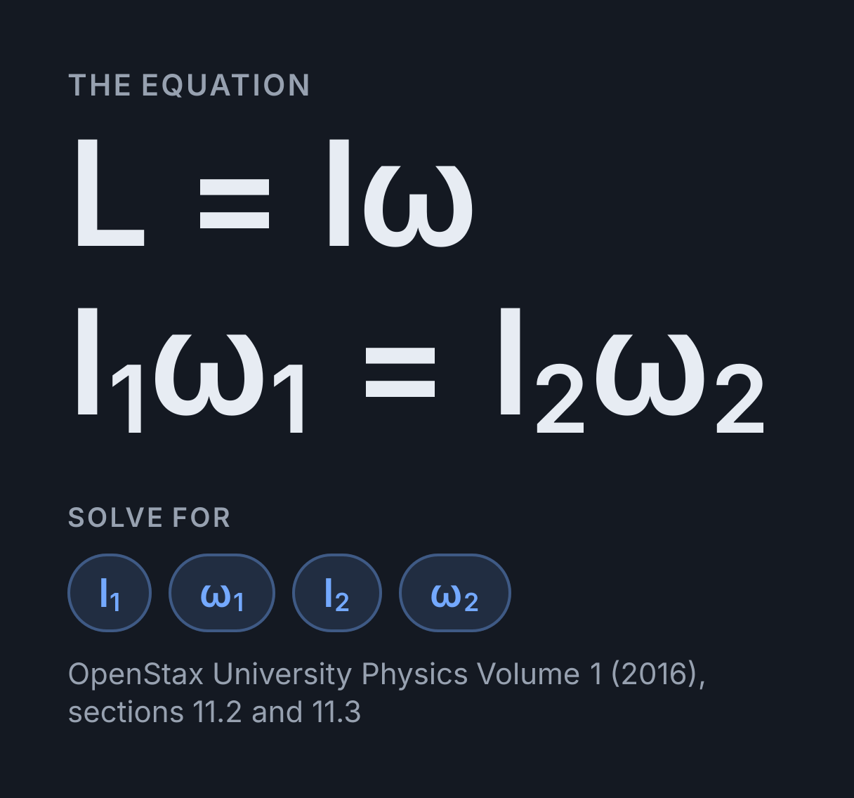 Angular Momentum Calculator: the equation L = Iω, I₁ω₁ = I₂ω₂, solved for any of I₁, ω₁, I₂ and ω₂.