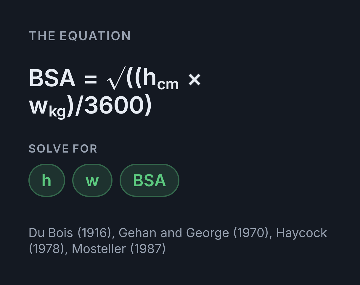Body Surface Area Calculator: the equation BSA = √((h cm × w kg)/3600), solved for any of h, w and BSA.