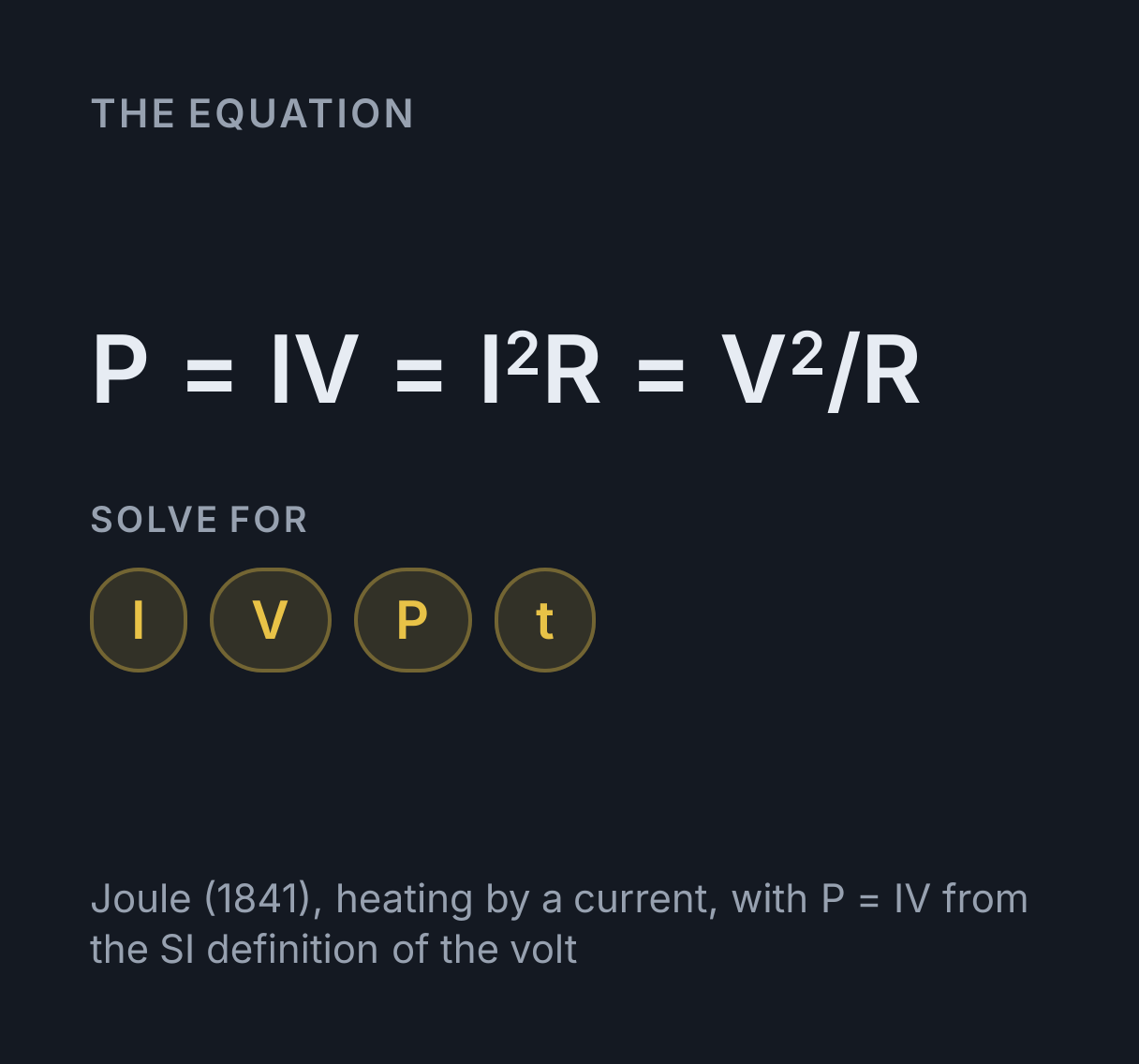 Electrical Power Calculator: the equation P = IV = I²R = V²/R, solved for any of I, V, P and t.
