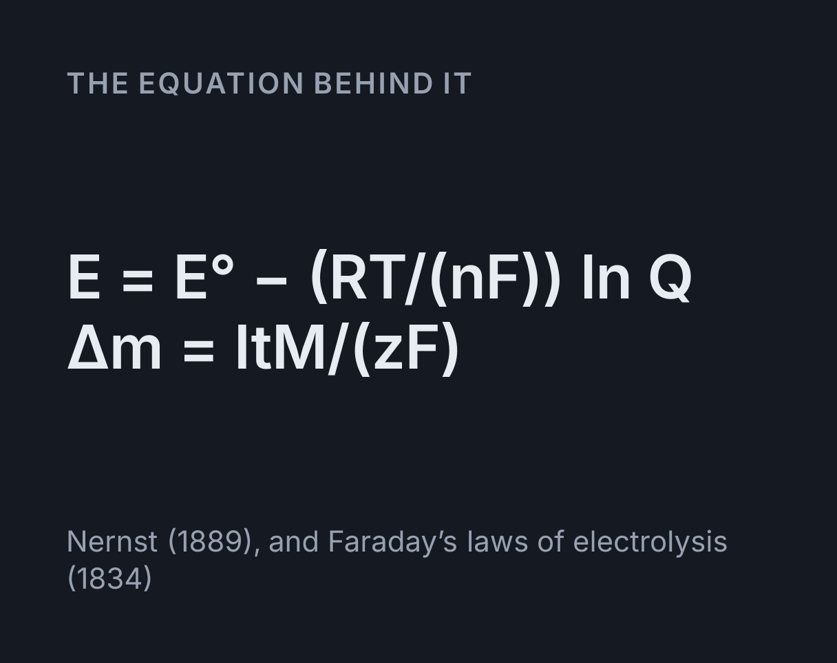 Galvanic Cell Simulator: the equation E = E° - (RT/(nF)) ln Q, Δm = ItM/(zF).