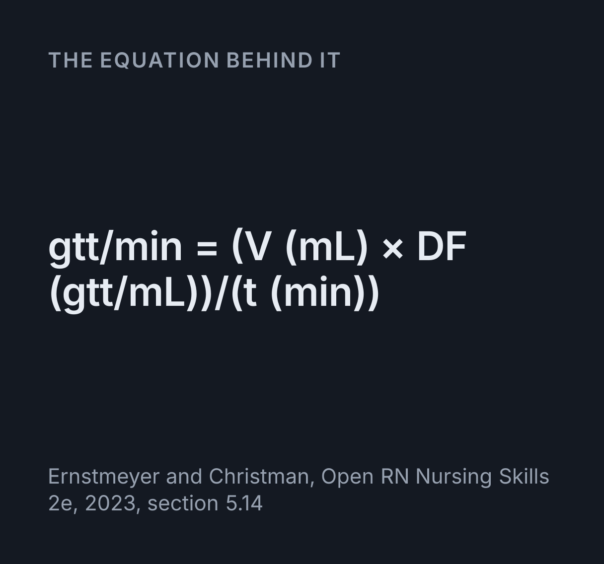 IV Drip and Infusion Pump Simulator: the equation gtt/min = (V (mL) × DF (gtt/mL))/(t (min)).