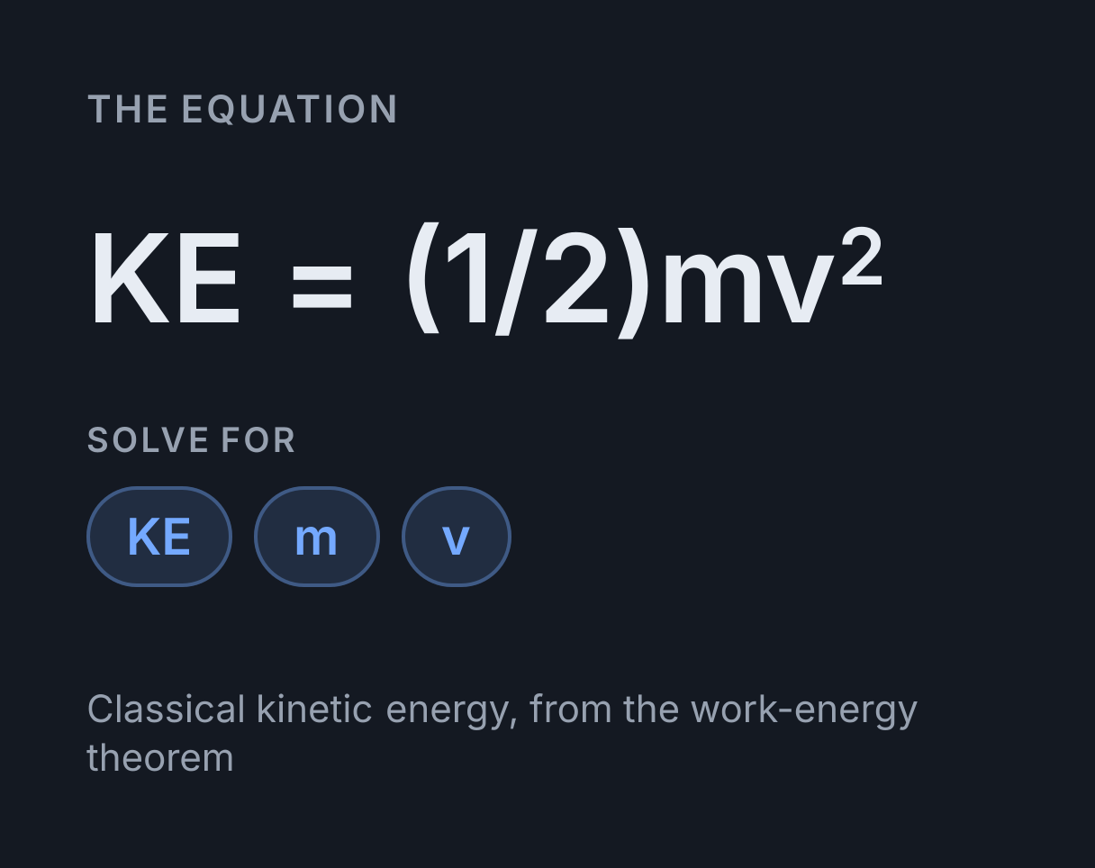 Kinetic Energy Calculator: the equation KE = (1/2)mv², solved for any of KE, m and v.