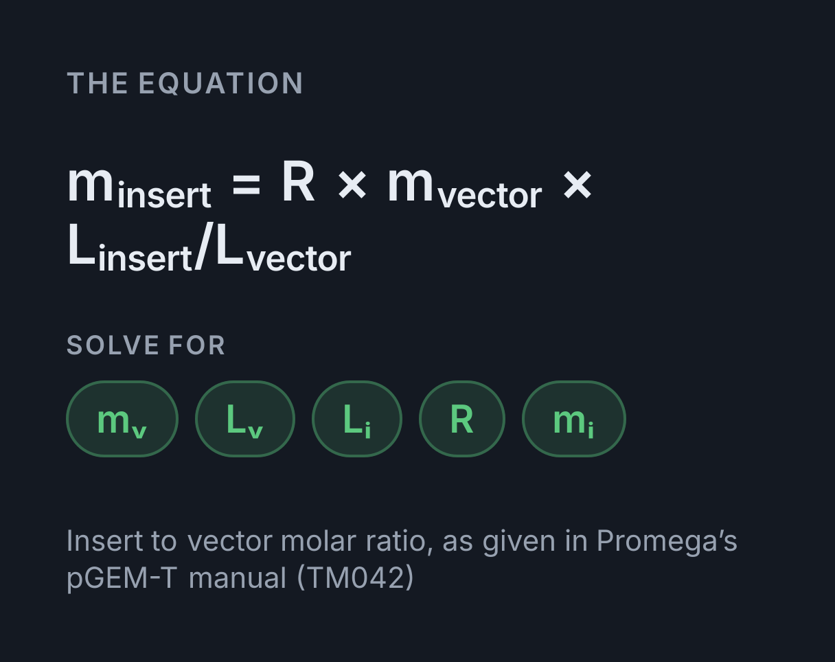 Ligation Calculator: the equation m insert = R × m vector × L insert/L vector, solved for any of mᵥ, Lᵥ, Lᵢ, R and mᵢ.