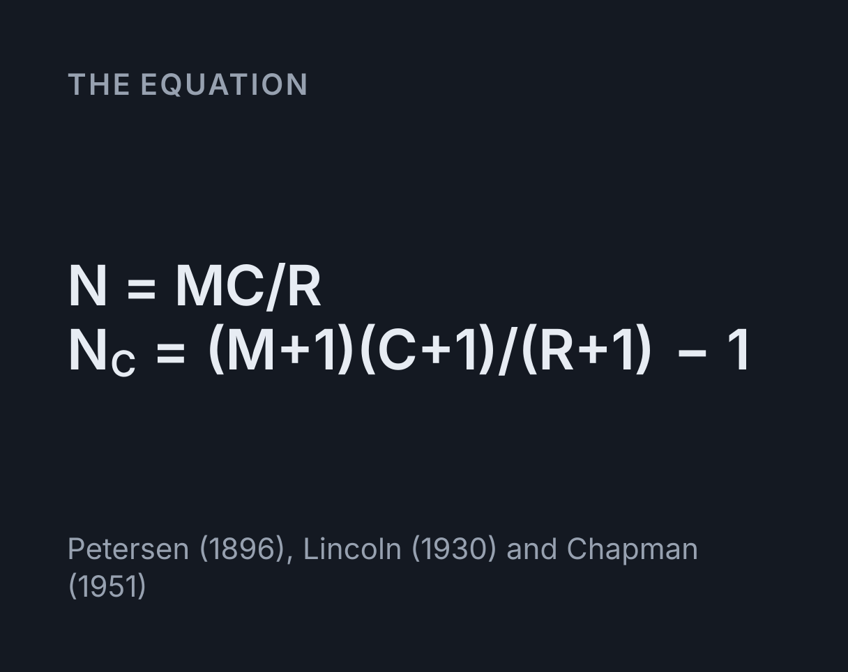 Mark-Recapture Population Calculator: the equation N = MC/R, N C = (M+1)(C+1)/(R+1) - 1.