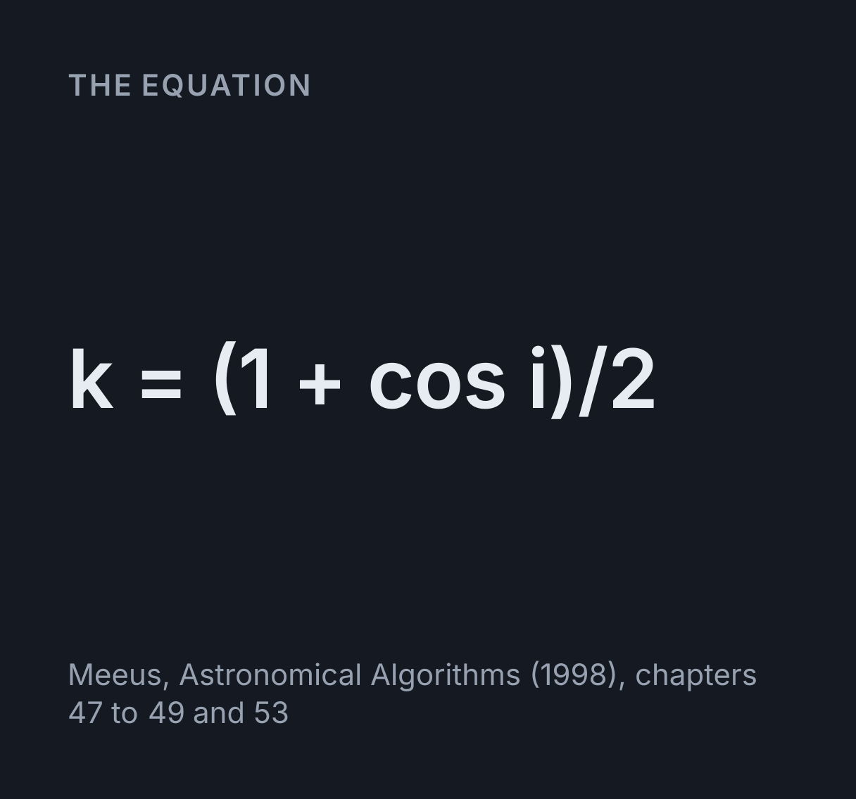 Moon Phase on Any Date: the equation k = (1 + cos i)/2.
