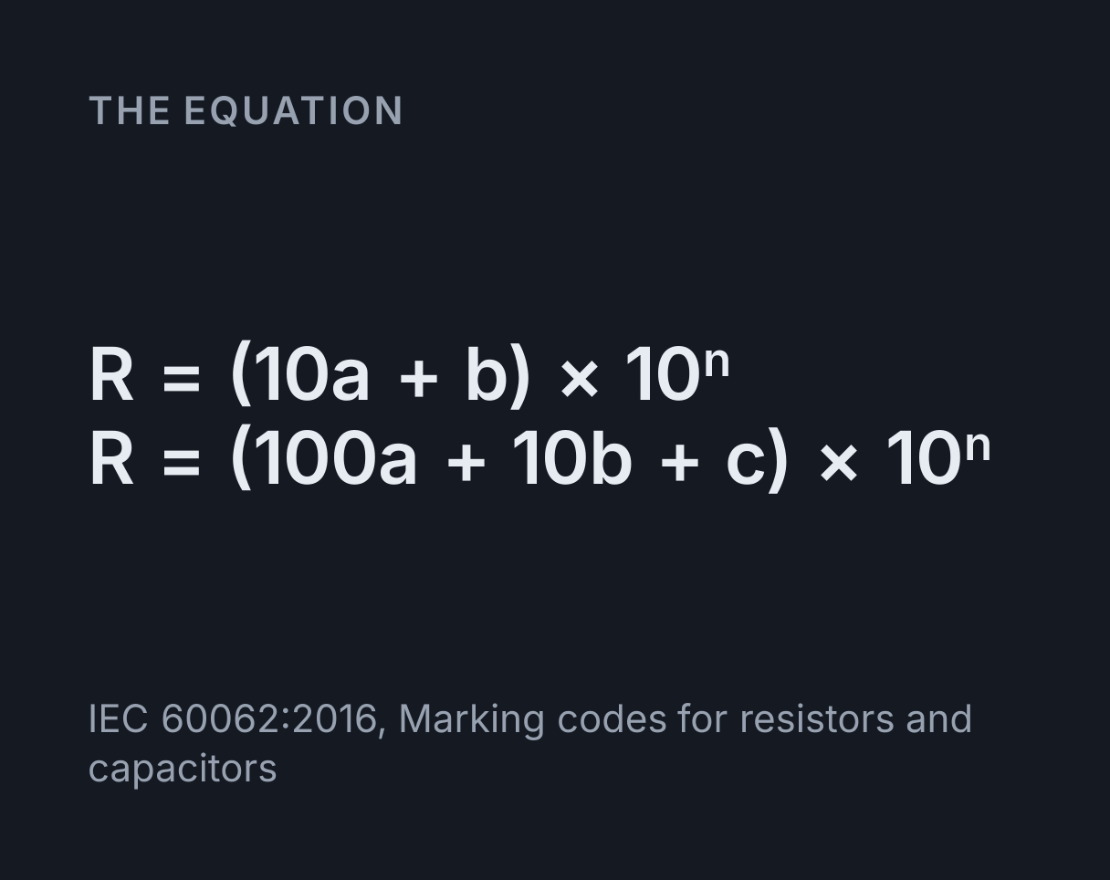 Resistor Colour Code Calculator: the equation R = (10a + b) × 10ⁿ, R = (100a + 10b + c) × 10ⁿ.