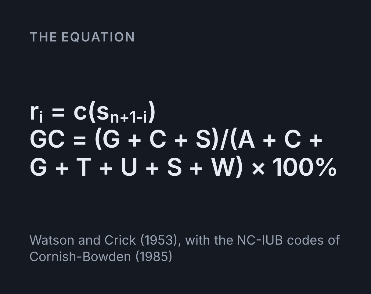 Reverse Complement Calculator: the equation r i = c(s n+1-i), GC = (G + C + S)/(A + C + G + T + U + S + W) × 100%.