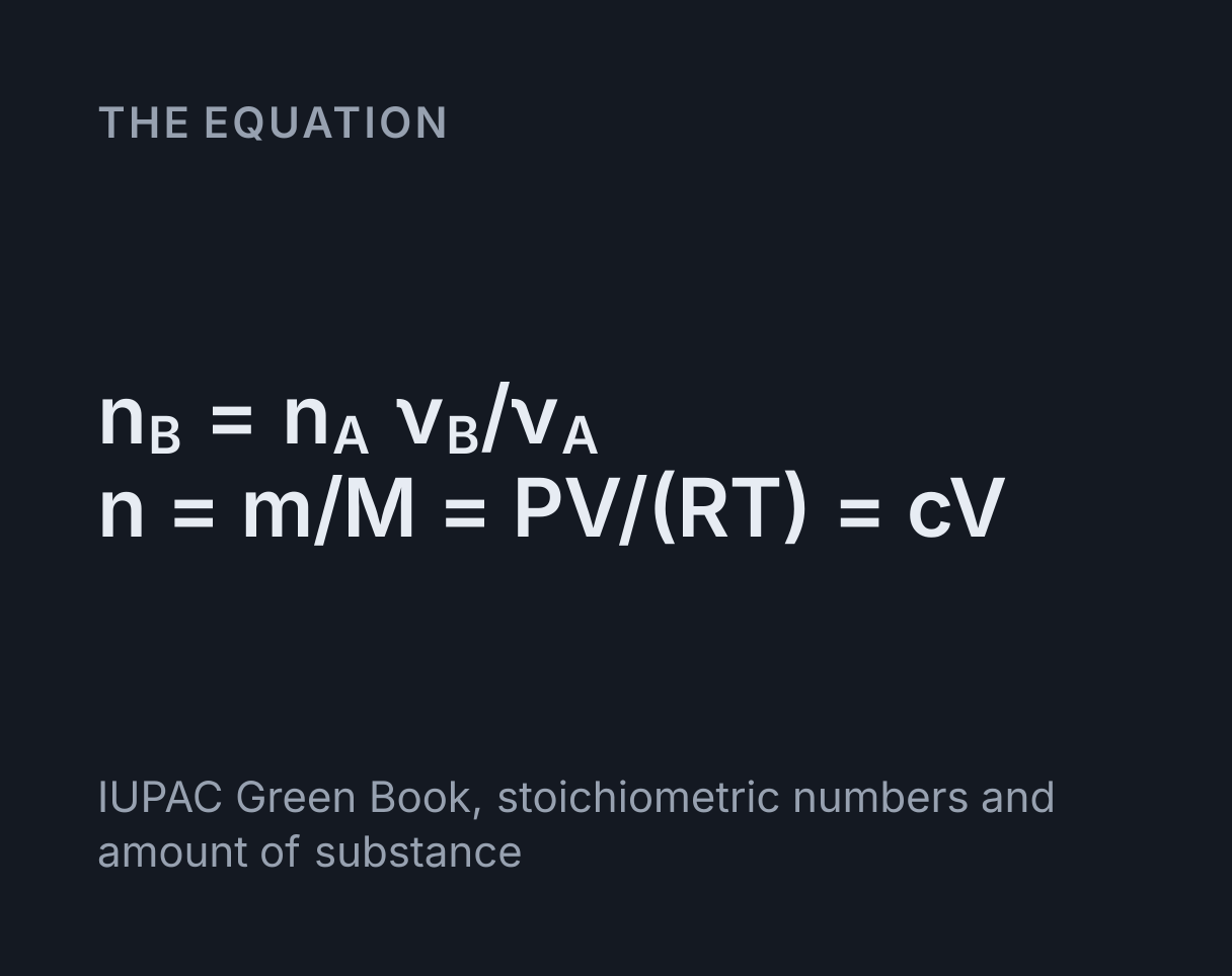 Stoichiometry Calculator: the equation n B = n A ν B/ν A, n = m/M = PV/(RT) = cV.