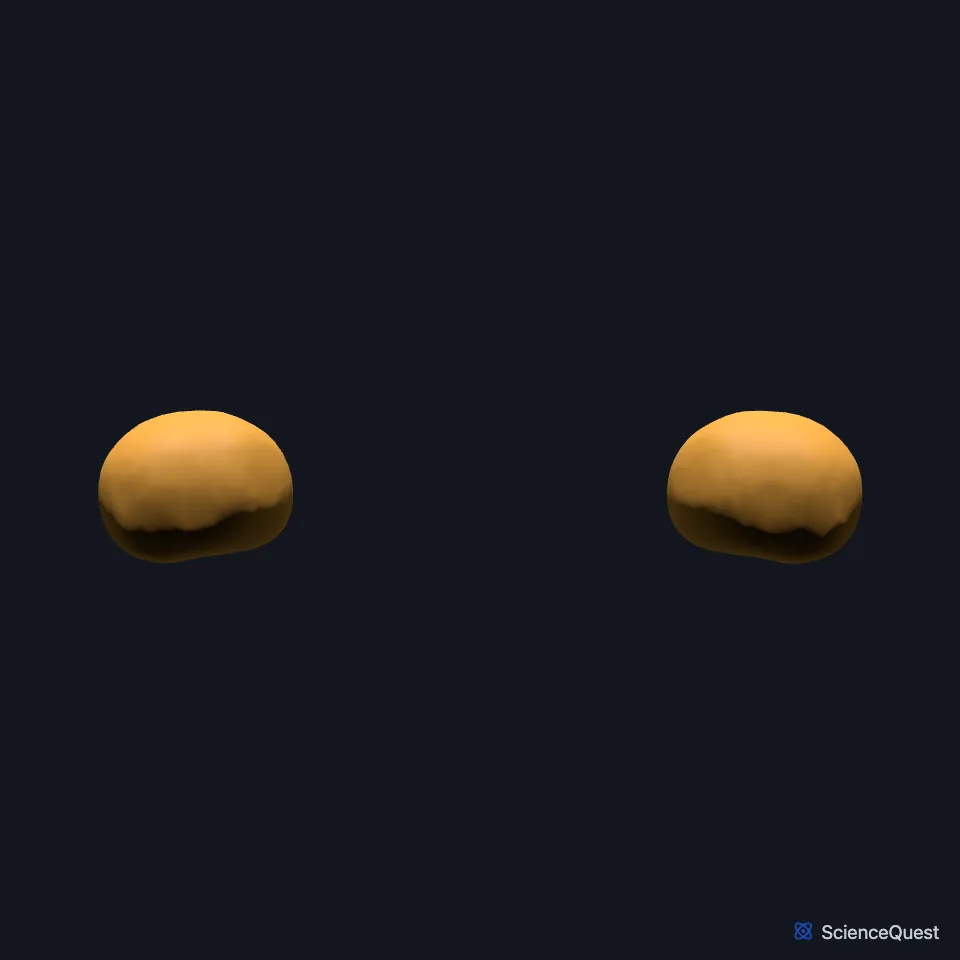 The right and left amygdalae shown alone and seen from the front, one on each side.