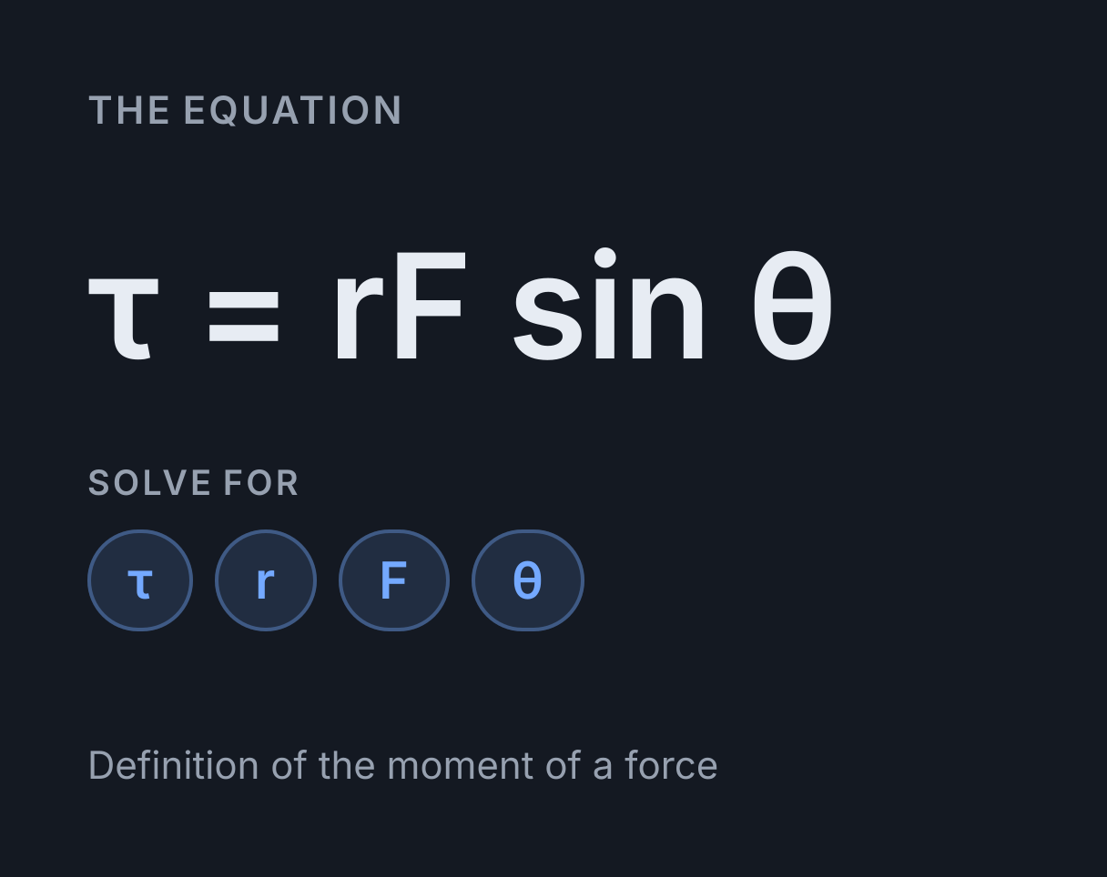 Torque Calculator: the equation τ = rF sin θ, solved for any of τ, r, F and θ.
